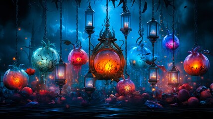 In an enchanting night, a blue flower and glowing pomegranate are framed by colorful lanterns. An underwater world and a floating lantern add surrealism. Generative AI