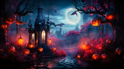 Ethereal full moon over a chilling Halloween landscape with lit jack-o-lanterns and soaring bird.Generative AI