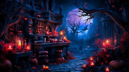 Mystical world of witches, haunted houses, and eerie paths lit by pumpkins and candles.Generative AI