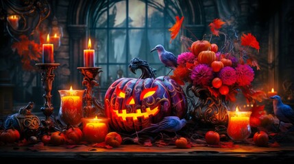 Cozy Halloween setting with rustic table, jack-o'-lantern, candles, and perched blue birds.Generative AI
