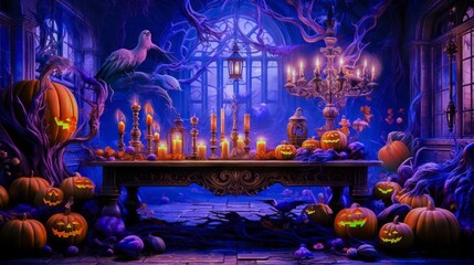 In a shadowy room, glowing Jack-o'-lanterns and a floating ghost capture the essence of Halloween.Generative AI