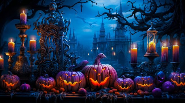 Under a moonlit sky, carved pumpkins and perched crows captivate in a forest clearing, as candles flicker.Generative AI