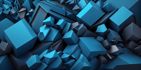 abstract blue geometrical polygonal 3d background with cubes, pyramids and rectangular shapes. Generative AI.