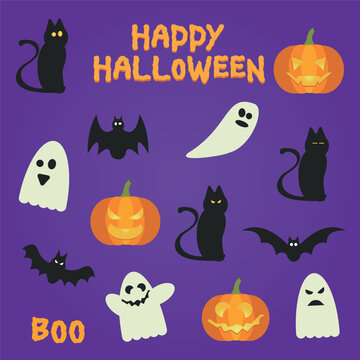 Set of Halloween elements: ghost, black cat, bat, pumpkin