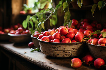Fresh red apples in a bowl on a rustic wooden background