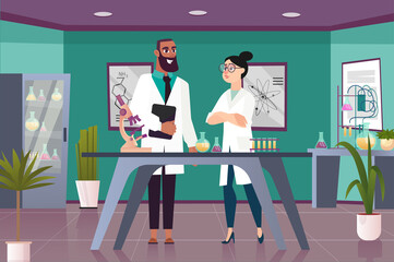 Science laboratory concept with people scene in the background cartoon style. Two young scientist argue about the chemical experiments they are conducting in the laboratory.  illustration.