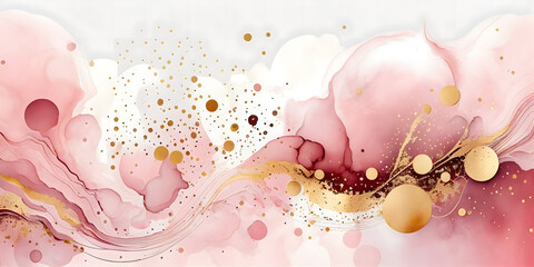 Abstract dusty rose blush liquid watercolor background with gold dots and lines. Pastel pink marble alcohol ink drawing effect, golden splash elements. Generative AI.