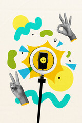 Creative collage photo of circular lamp interview phone screen touchscreen popularity bogging concept isolated on white drawing background