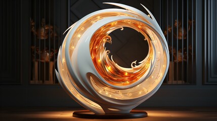 Elegant 3D Spiral Light in Dark Room with Beige and Orange Aesthetics, Fire and gold effects,  