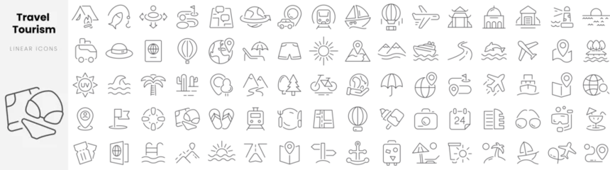 Fotobehang Set of linear Travel tourism icons. Thin outline icons pack. Vector illustration. © Joy Artisan