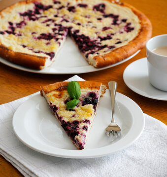 Piece of traditional Wallachian blueberry pie called "frgal" on a white plate. Traditional Moravian sweet dessert on wooden table. Typical Czech cuisine concept. Summer fruit cake. Selective focus.