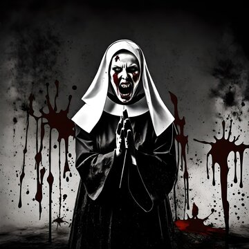 Black and white illustration of an evil scary Halloween zombie nun screaming with blood splatters in the background