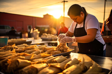 mexican female street vendor preparing fresh tamales at the food market