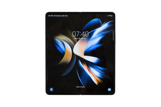 Shenzhen, China - January 2023.Samsung Galaxy Z Fold 4 on white background. New smartphone from the company Samsung close-up isolated on a white background.
