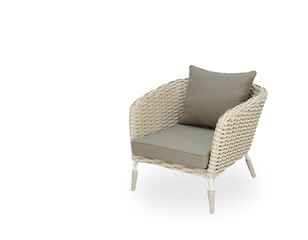 Handmade wicker sofa made of rattan with pillow. Isolated image on white background