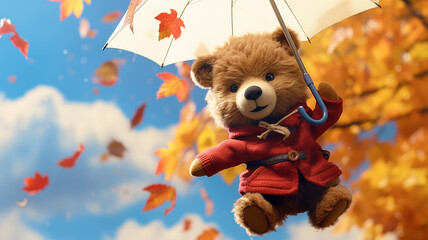 bear children's toy flying on an umbrella in the blue autumn sky with yellow leaves, plush, generated , joke autumn calendar - obrazy, fototapety, plakaty