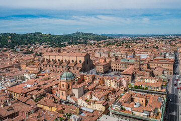 Aerial view of Bologna architecture with dome of the Sanctuary of Santa Maria della Vita and Piazza Maggiore with monuments, Bologna ITALY © Liliana