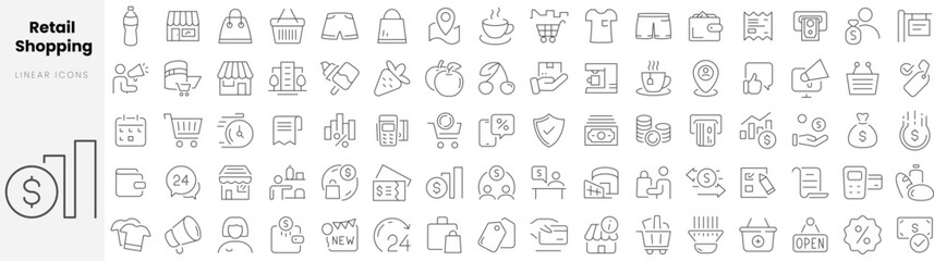 Set of linear Retail shopping icons. Thin outline icons pack. Vector illustration. - obrazy, fototapety, plakaty