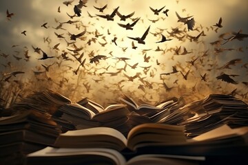 Towering stack of literature beckons, as birds ascend, symbolizing the flight of imagination.
 - obrazy, fototapety, plakaty