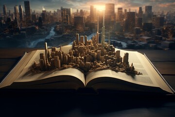 An open book revealing a vibrant cityscape emerging from its pages, symbolizing the power of imagination and storytelling. - obrazy, fototapety, plakaty