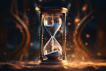 Time's essence captured as sands slip through an hourglass amidst ethereal surroundings.
