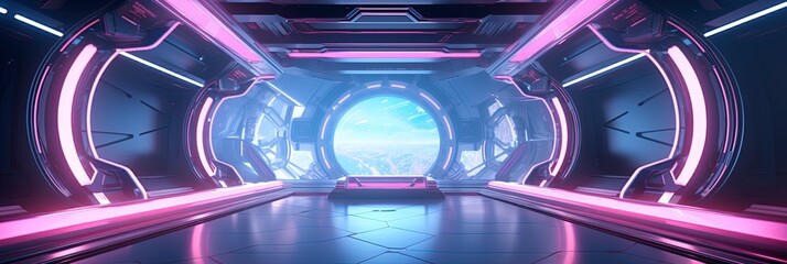 Blue and pink spaceship interior with a futuristic corridor in space station with glowing neon lights background.