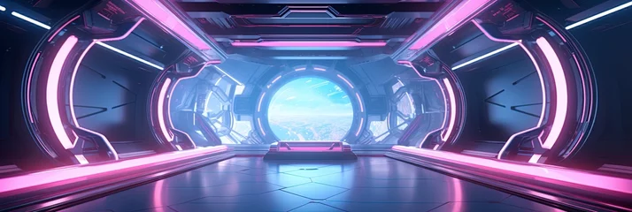 Fotobehang Blue and pink spaceship interior with a futuristic corridor in space station with glowing neon lights background. © W&S Stock