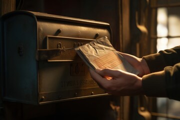 An envelope rests serenely, bathed in gentle beams of sunlight, hinting at untold messages and warm sentiments waiting to be discovered. - obrazy, fototapety, plakaty