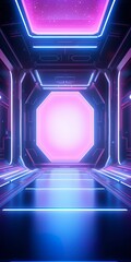 Blue and pink spaceship interior with a futuristic corridor in space station with glowing neon lights background.