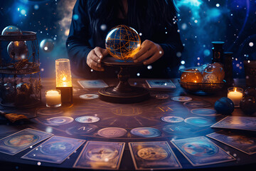Astrology,Astrologer calculates natal chart and makes a forecast of fate,Tarot cards, Fortune telling on tarot cards magic crystal, occultism, Esoteric background,Fortune telling,tarot predictions. - obrazy, fototapety, plakaty