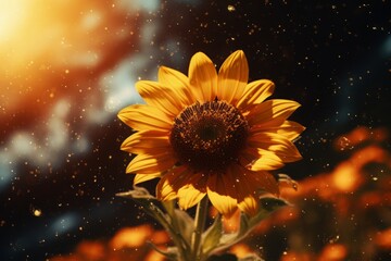 A bold sunflower stands in resplendent glory, its golden petals bathed in the luminescence of a surrounding starry galaxy, merging nature's wonder with cosmic splendor.