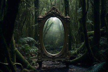 A mesmerizing mirror unveils a captivating, magical realm, blurring the lines of reality. - obrazy, fototapety, plakaty
