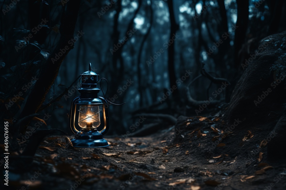 Wall mural a lantern illuminating a dark forest path.