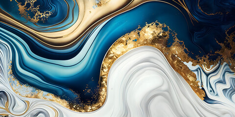 Abstract luxury marble background. Digital art marbling texture. Blue, gold and white colors. Generative AI. - obrazy, fototapety, plakaty