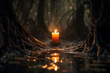 Foto op Canvas A single candle flame pierces the darkness, casting a warm glow that illuminates a mysterious path winding through the heart of a dense, enchanting forest. © Kishore Newton