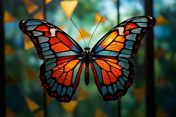 A breathtaking butterfly showcases wings crafted of intricate stained glass, casting vibrant hues and patterns as it dances in the light, embodying nature's mosaic.