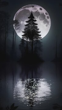 Fantasy night landscape with big moon, silhouette of trees, ,water reflection and flying bats. Cartoon or anime illustration style. seamless looping time-lapse vertical video animation background.