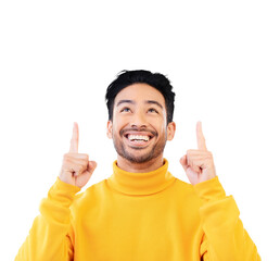 Pointing, excited and young man by mockup space for marketing, promotion or advertising gesture. Happy, smile and Indian model with show finger sign for deal isolated by transparent png background.