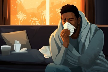 Sick african american man sneezes into a paper napkin or handkarchief on room background. New outbreak of the coronavirus pandemic. Covid pandemic in 2024 2025 pirola strain and omicron disease 