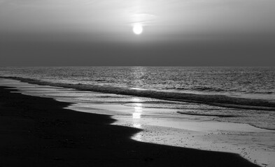 Sunset panorama of the beach of Juist island in National Park “Wattenmeer“ on the North Sea...