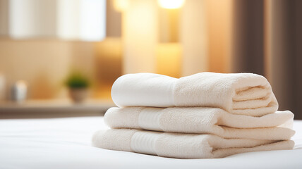Obraz na płótnie Canvas clean towels rolled up on the bed in a bright hotel room