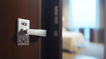 the slightly open white door to the hotel room