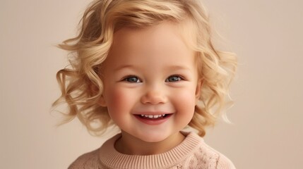 Sweet little girl with a sunny smile against a neutral studio background.