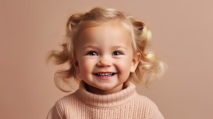 Adorable young blonde girl flashing a radiant smile in a photo studio.