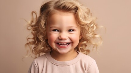 Cheerful blonde toddler posing against a soft, well-lit backdrop.