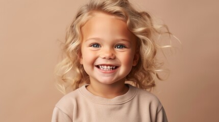 A happy, carefree moment frozen in time with a smiling toddler against a studio backdrop.