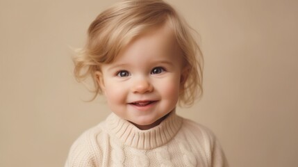 Delightful blonde toddler showcasing her happiness in a studio portrait.