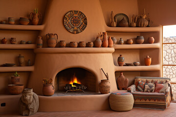 An earthy adobe fireplace features Native American pottery on the mantel, enhancing the Southwestern ambiance of the room - Powered by Adobe