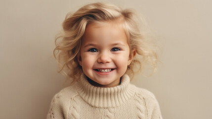Bright-eyed blonde toddler radiating happiness in a studio portrait.