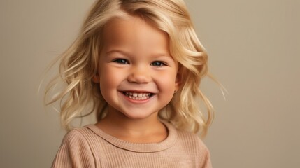 Precious little girl with a captivating smile against a light studio backdrop.